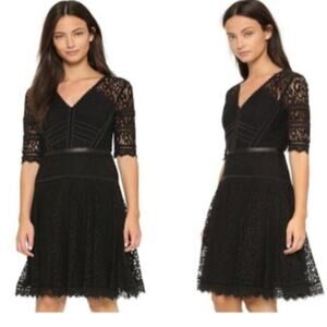 Rebecca Taylor Black Lace Fit & Flare Dress  Sateen Ribbons and Leather Trim